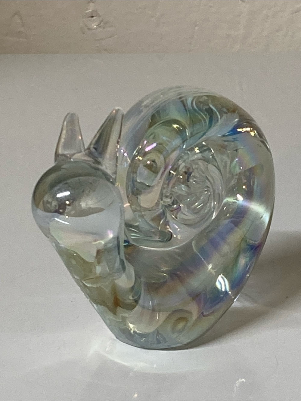 Handblown Iridescent Clear Glass Snail Figurine Paperweight smooth pontil
